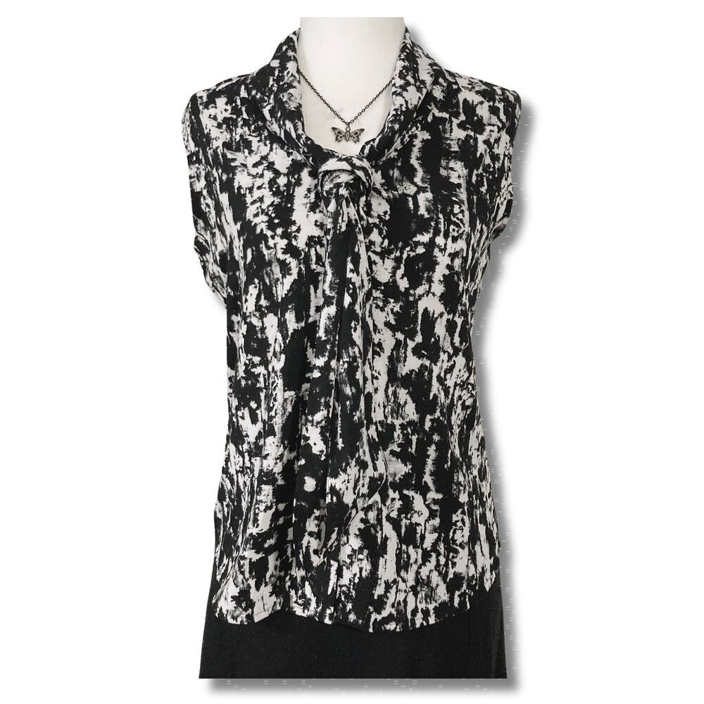 CALVIN KLEIN Black and white abstract ikat print sleeveless blouse XS SMALL top